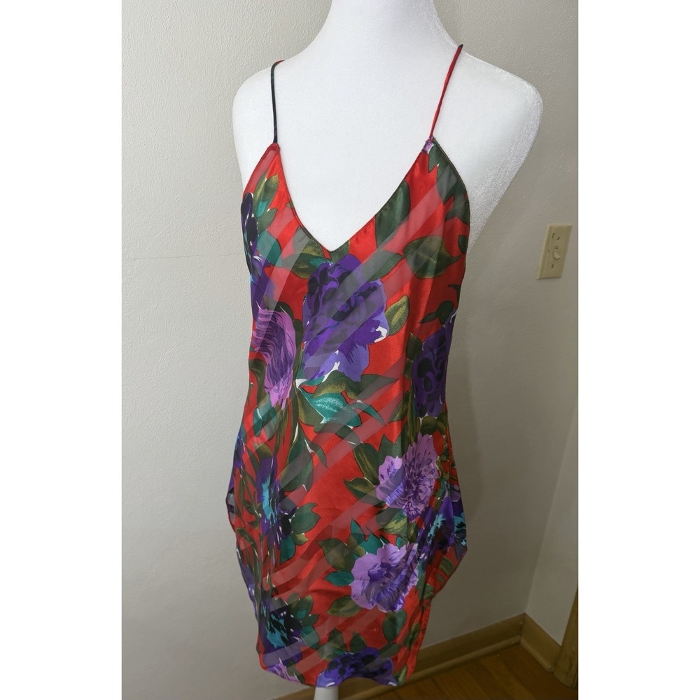 Vintage Lucie Ann II Satin Floral Slip Dress Women's Size Medium Red